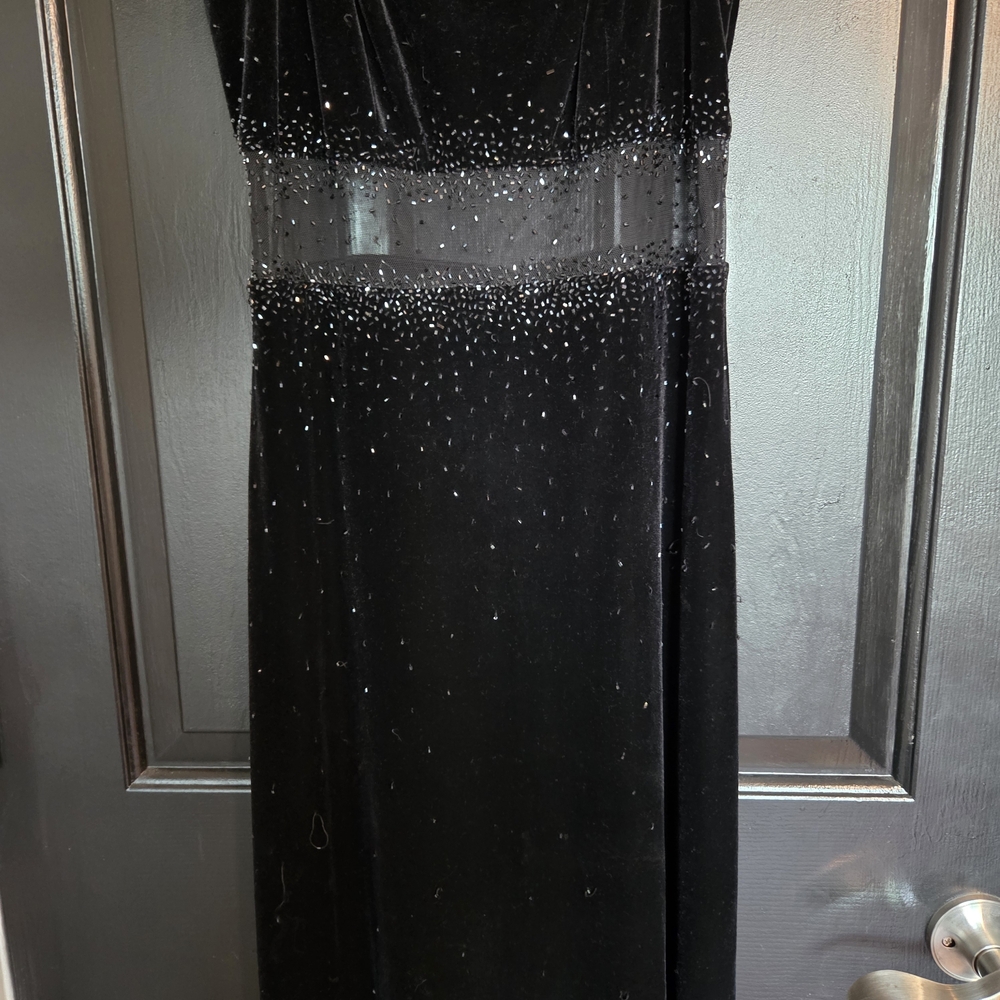 Betsy & Adam by Jaslene Black Velvet Gown with Sequin Mesh Waist - Picture 3 of 12